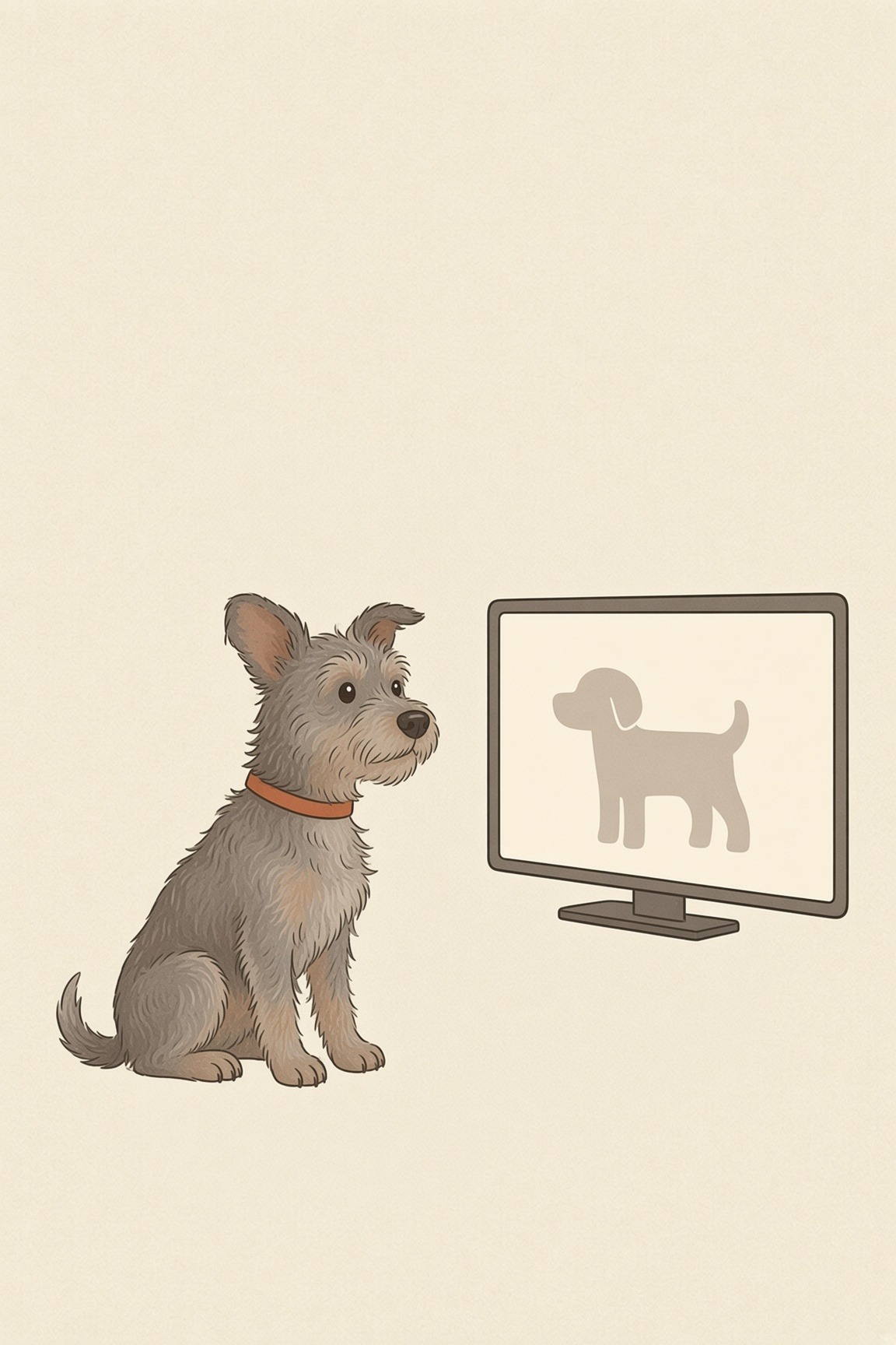 Illustration of a scruffy terrier sitting on a rug, watching a glowing television set