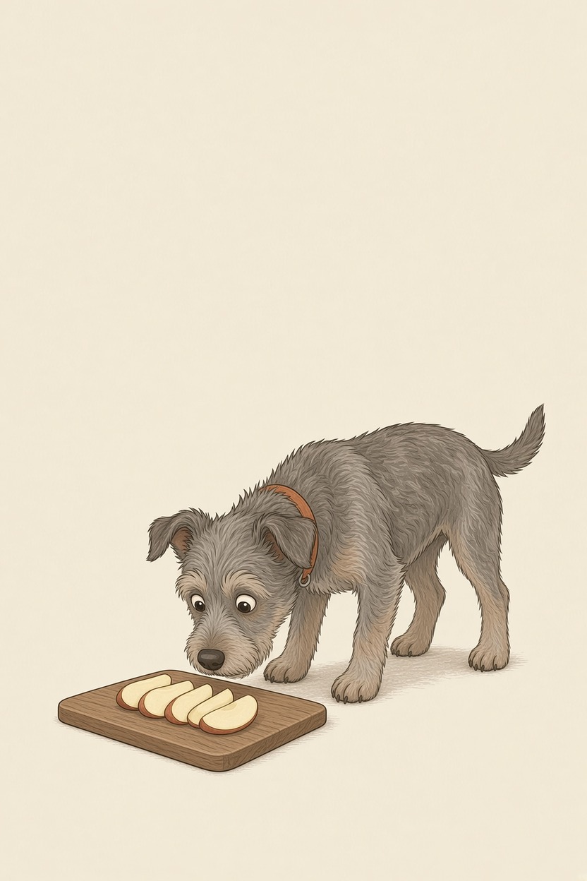 A scruffy grey dog sniffing a wooden board of sliced apple