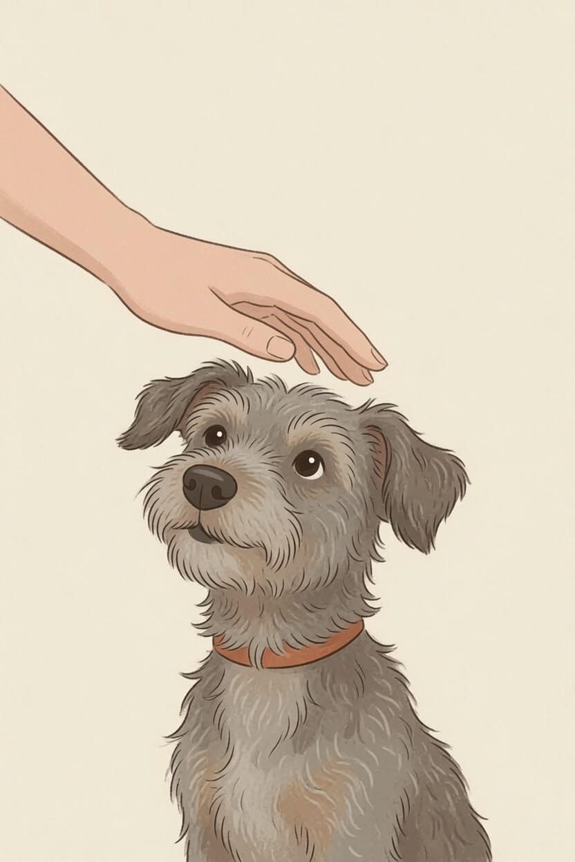 A dog gazing up at its owner as a hand reaches to pet it