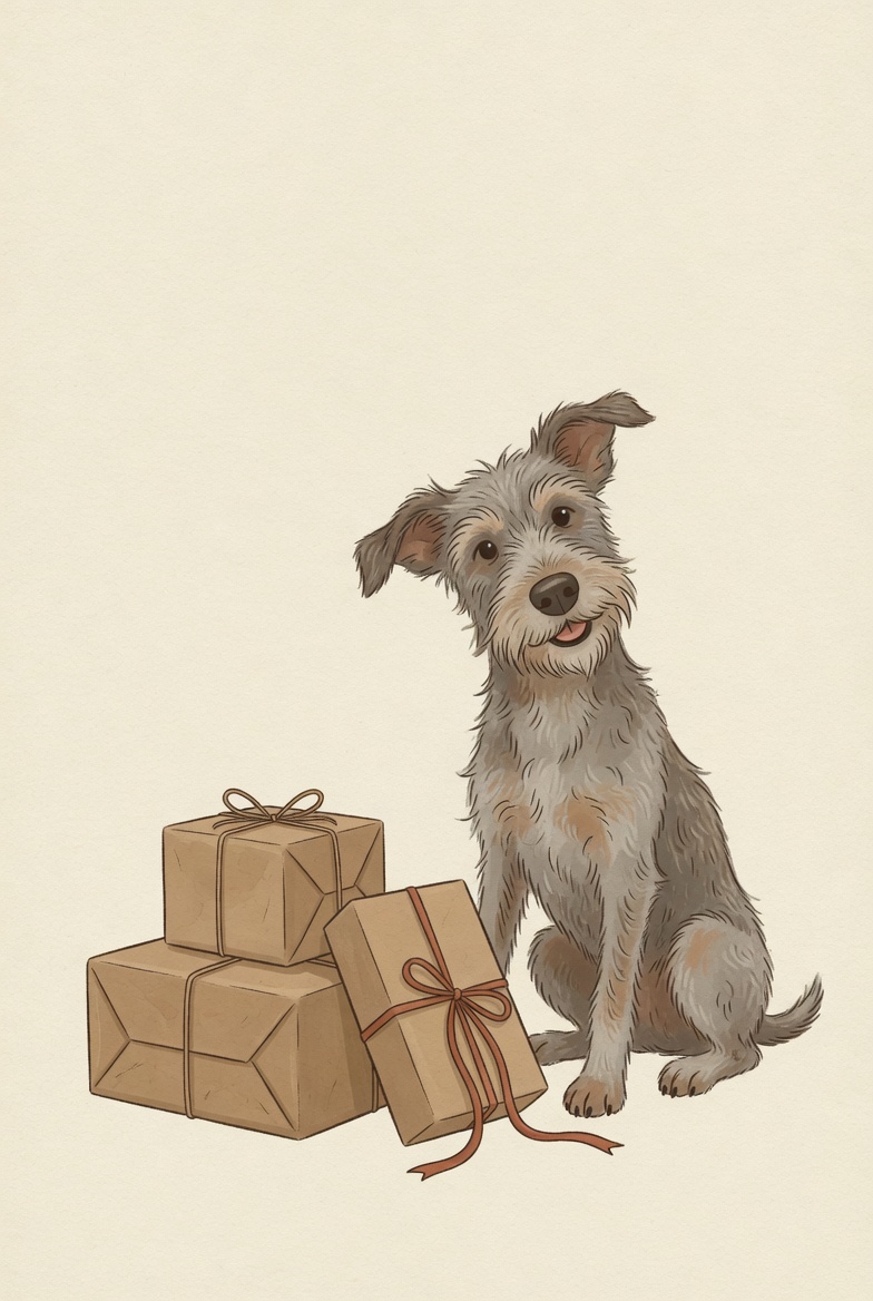 A scruffy grey terrier sitting beside a stack of brown paper-wrapped gifts tied with twine and a red ribbon.