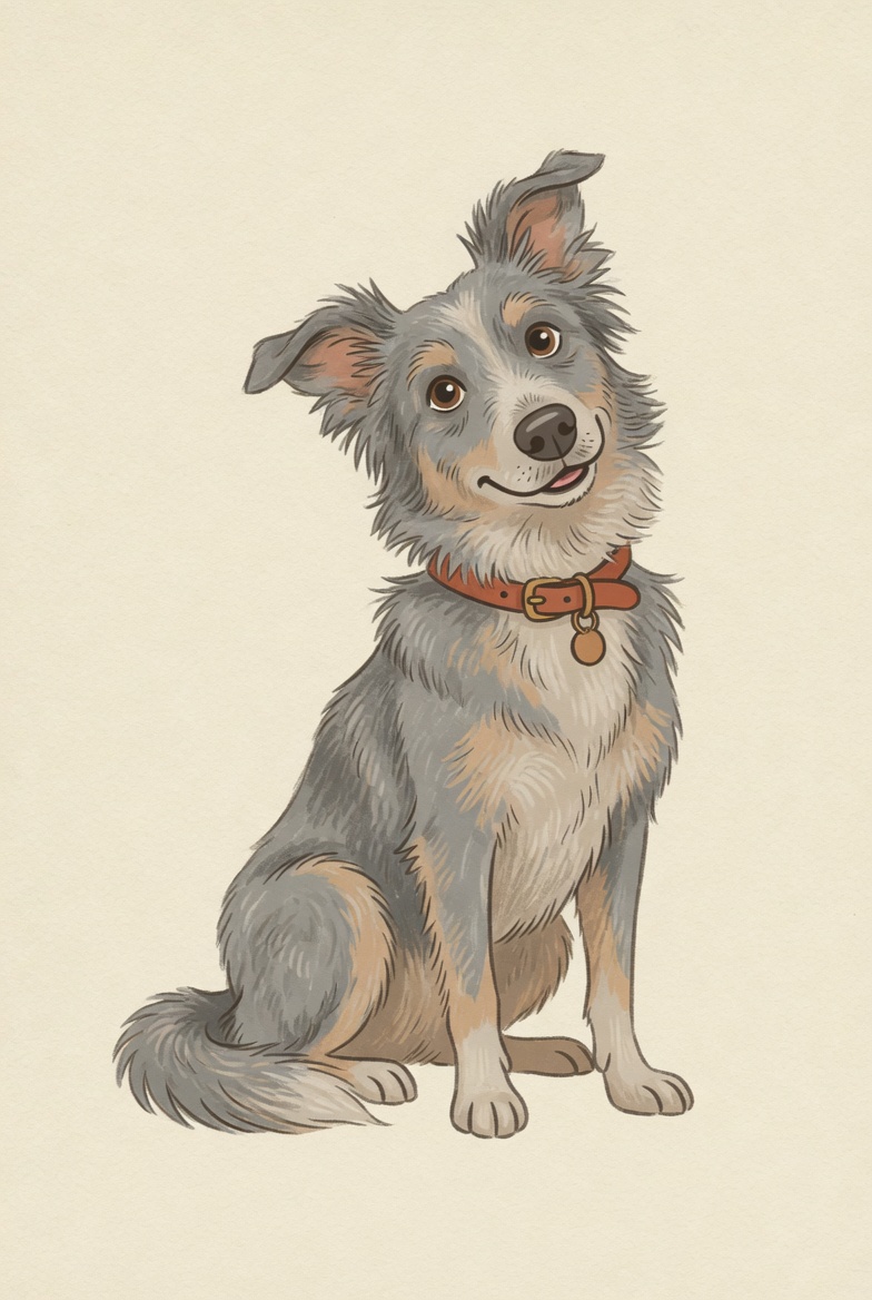 Illustrated portrait of a fluffy grey and tan dog with a red collar, head tilted curiously