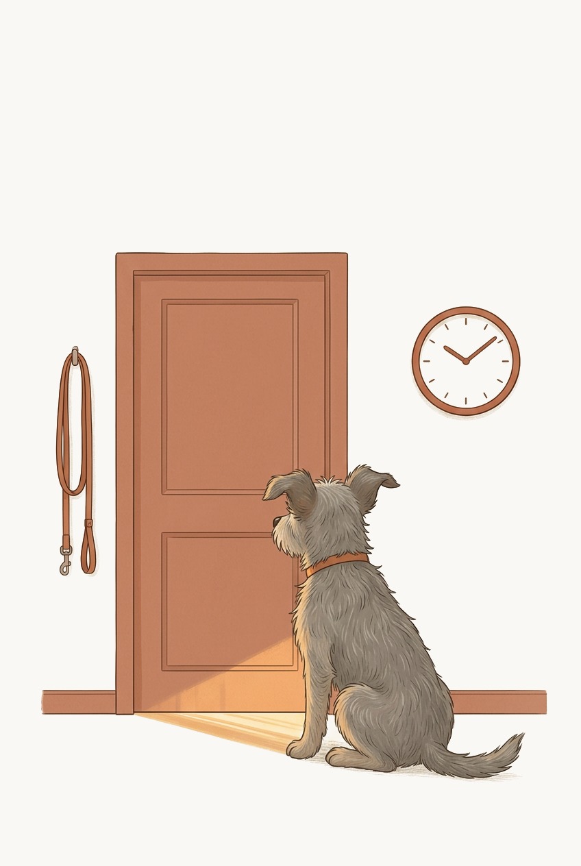 A wirehaired grey-and-tan dog with an orange collar sitting at a front door, head tilted, listening