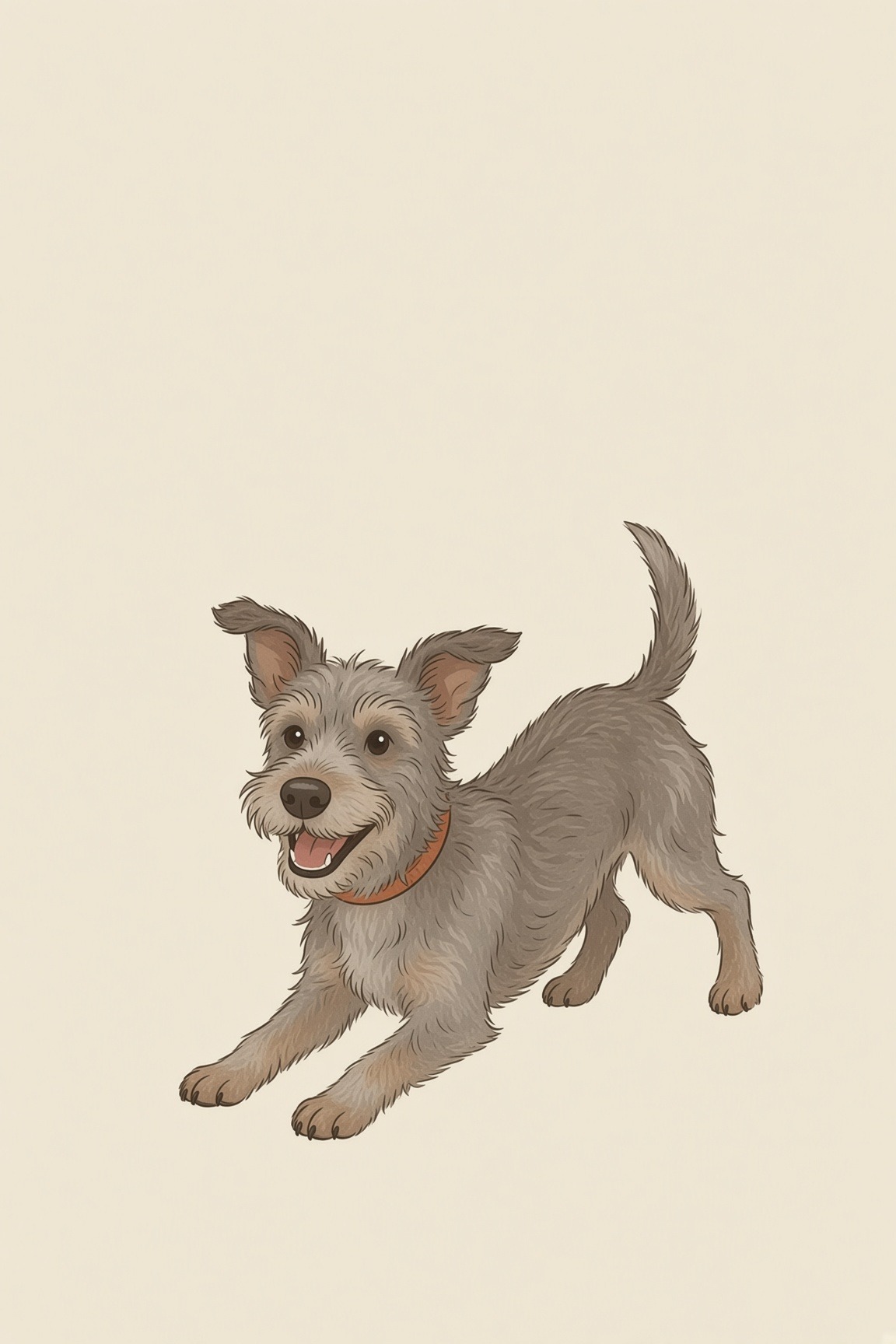 Illustration of a scruffy terrier mid-play bow, mouth open in a grin