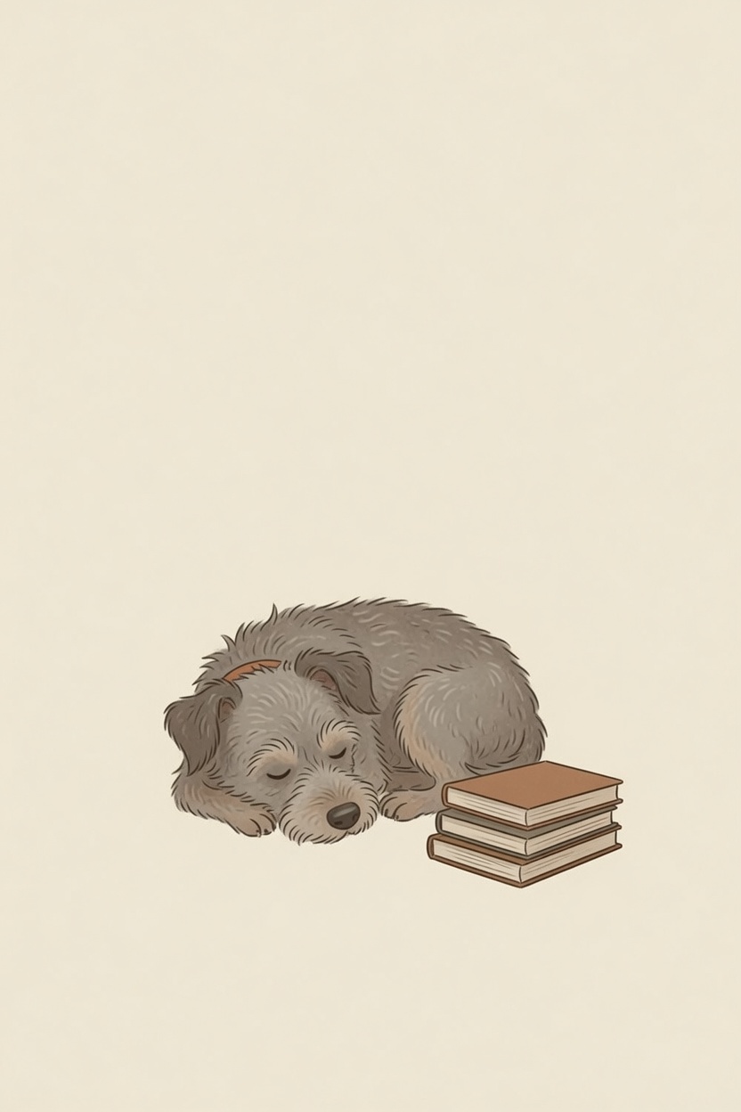 A dog curled up beside a small stack of books