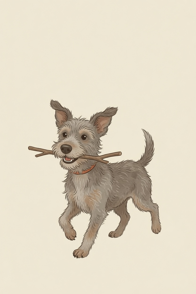 A happy dog trotting proudly with a stick in its mouth