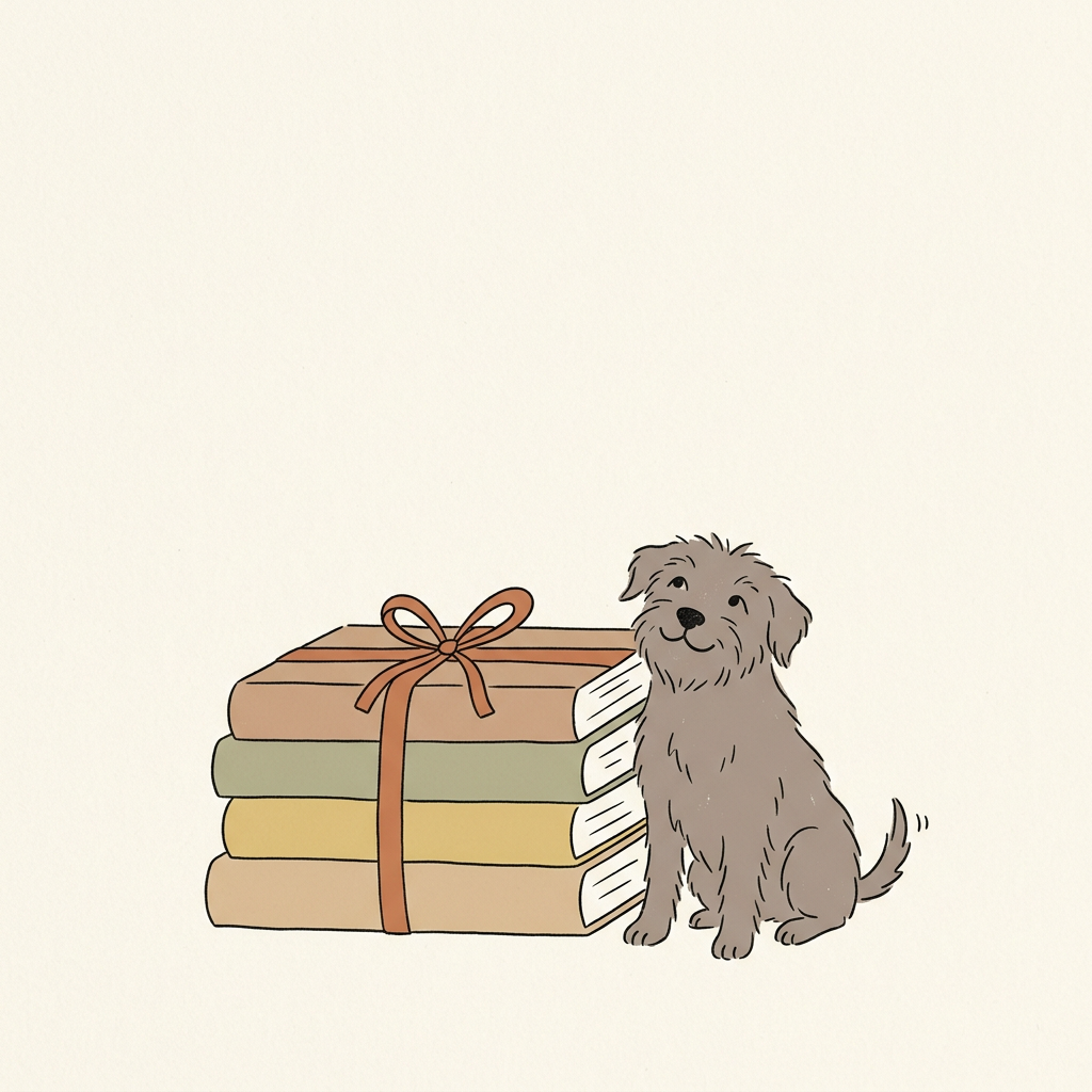 A happy dog sitting beside a small stack of books tied with a terracotta ribbon.