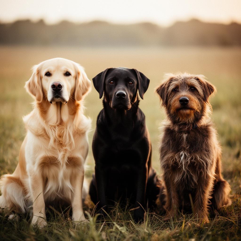 A golden retriever, a black labrador, and a scruffy brown terrier sitting together in a grassy field at golden hour